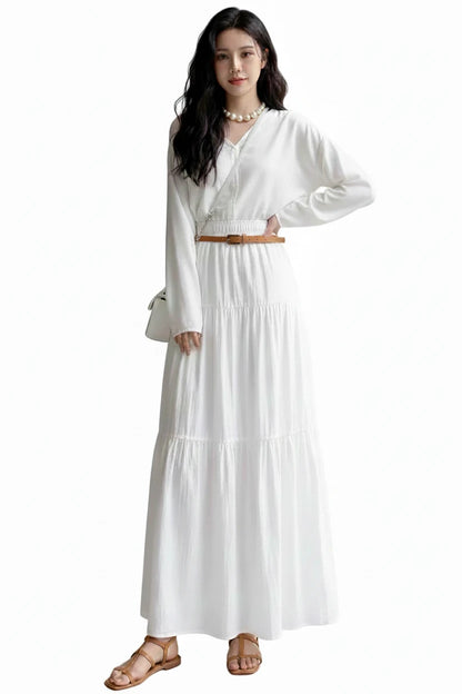 🍒High waist elastic maxi skirt long teired with ruffle stitching solid colour a-Line smart casual fashion for women clothing for all seasons A+ For This A-line