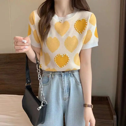 🍒Two piece set suit chic knit t-shirt with love heart top women  and casual wide leg pants sets elegant casual clothing home wear clothes  Love This Set