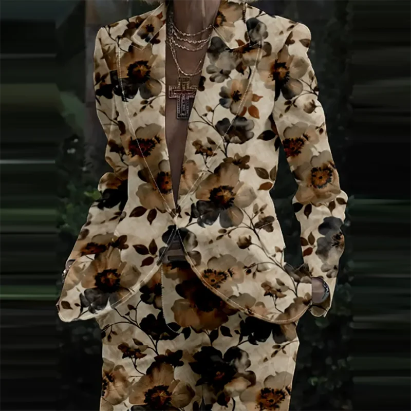 🍒Womens casual suits two piece loose pants set womens lapel long sleeve jacket and trouser set floral fashion pattern print outfit  Look Like Your On A Shoot In A Fruity Suit
