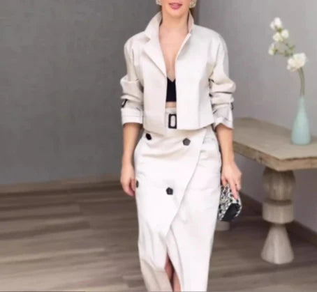 🍒Women's two-piece set versatile smart casual wear for women belt button skirt and matching crop jacket retro elegant fashion wears Button Up And Get This Crop