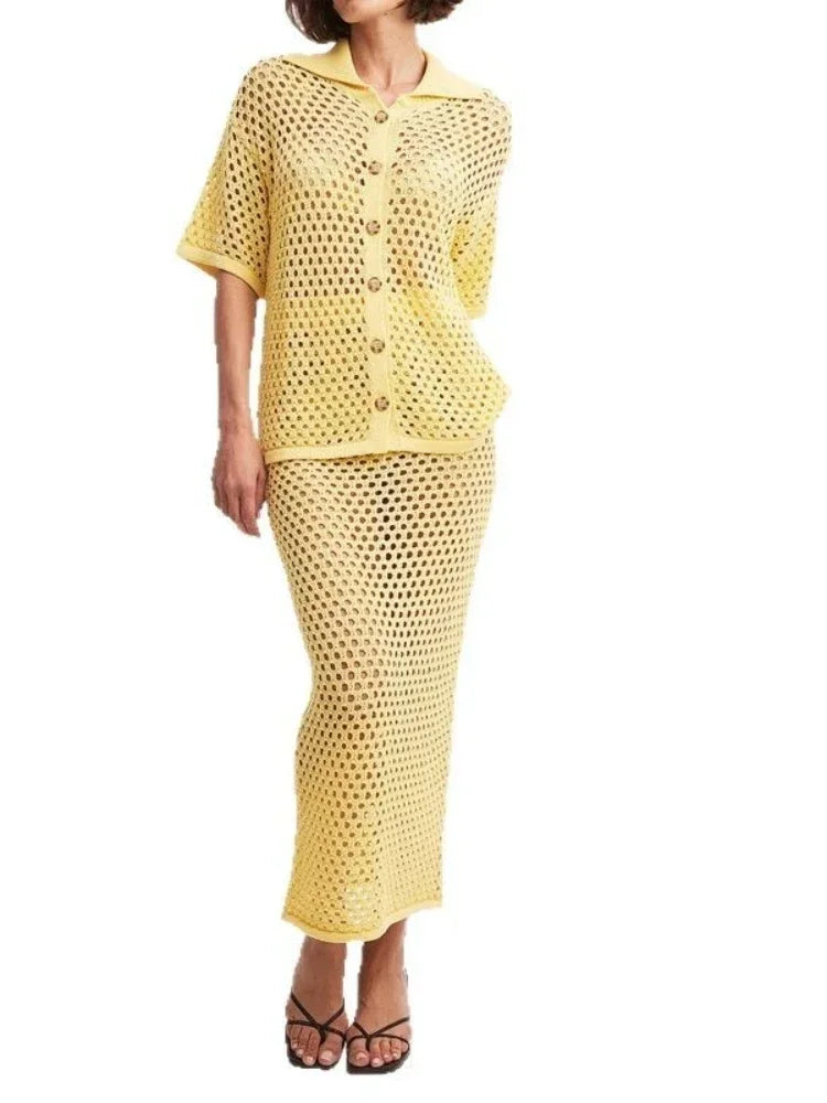🍒Mesh two piece set women's summer clothing casual mesh knit blouse and matching long skirt   fashionable fishnet beach wear matching sets Look Delicious in Banana And Chocolate