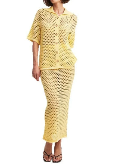 🍒Mesh two piece set women's summer clothing casual mesh knit blouse and matching long skirt   fashionable fishnet beach wear matching sets Look Delicious in Banana And Chocolate