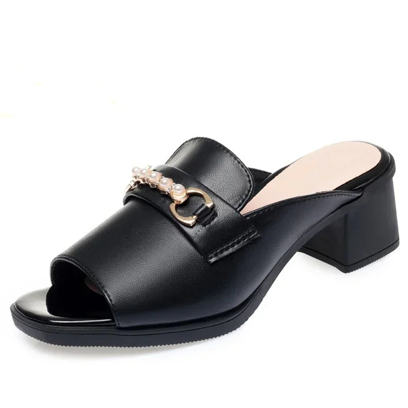 🍒Women sandals genuine leather summer square toe buckle block heels slides with chunky heels size 41 42 large footwear fashion