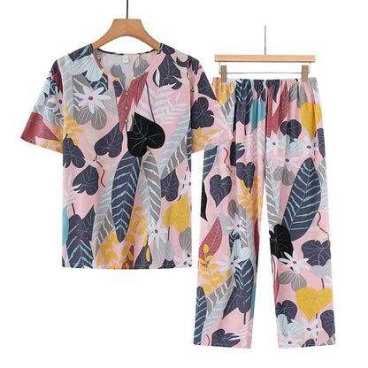 🍒Cotton rayon pajama set short sleeved top cropped and pants set two piece sleep wear for women lounge wear suit holiday clothing beach wear No Care Wear