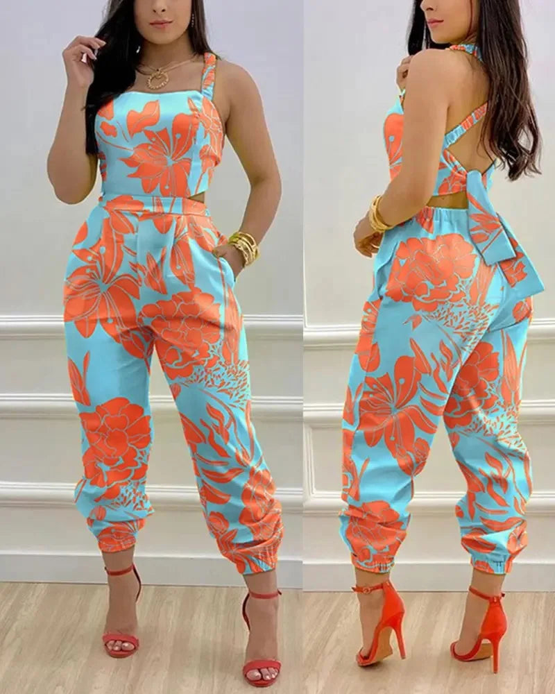 🍒Summer printed jumpsuit backless with straps fashion sleeveless one piece casual wear womens romper outfit with bows pocket trousers Overall Colourful Cool