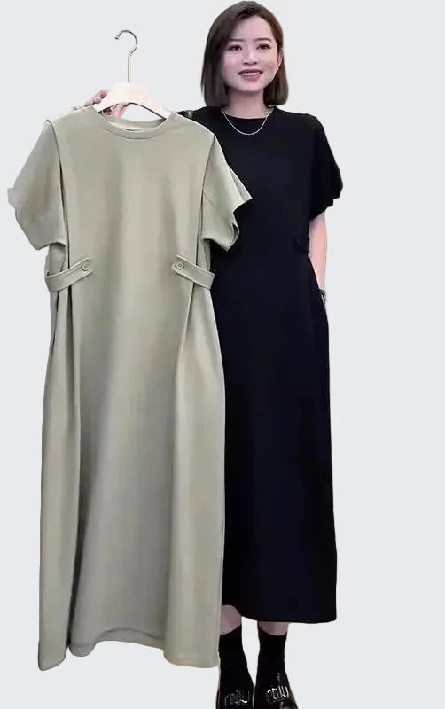 🍒Relaxed fit women’s dress with side pockets lazy style short sleeve outfit for summer loose slimming round neck dress with pockets and button waist tabs a-line plus size fashion  Longline Loosy Love