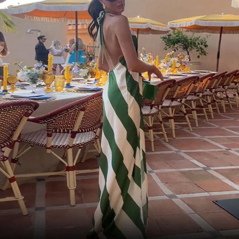 🍒Halter striped dress for holiday chic pleated backless outfits sleeveless summer wear party occasion clothing Eat Your Greens In Your Dinner Dress Green