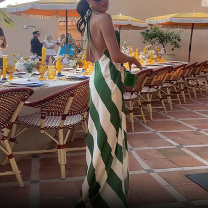 🍒Halter striped dress for holiday chic pleated backless outfits sleeveless summer wear party occasion clothing Eat Your Greens In Your Dinner Dress Green