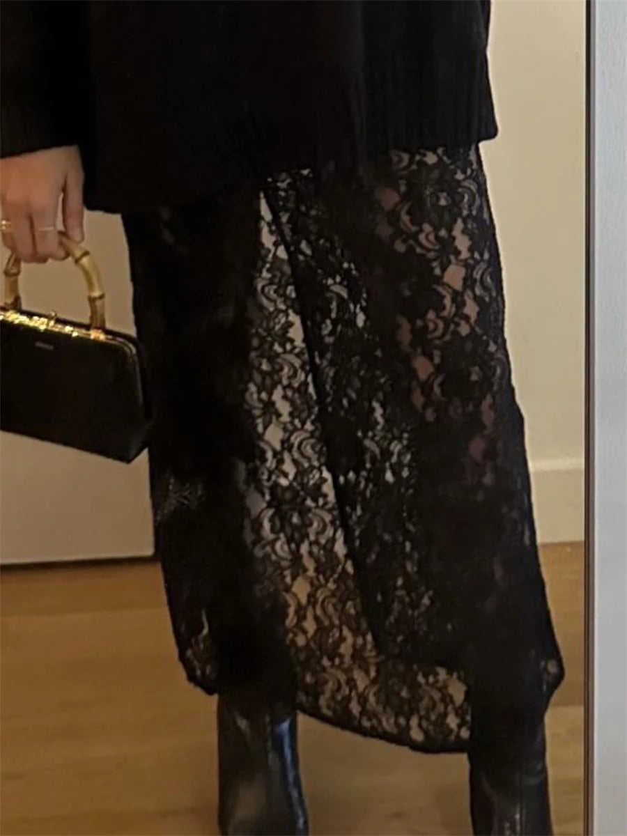 🍒Lace long skirt black elegant low waist solid colour see-through  fashion maxi smart casual clothing                        Transfomation Transparents
