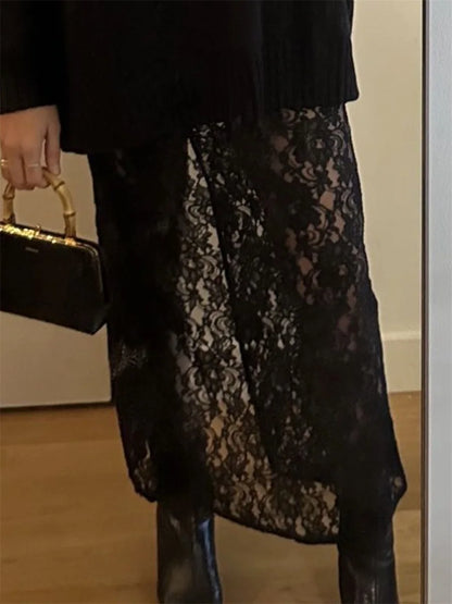 🍒Lace long skirt black elegant low waist solid colour see-through  fashion maxi smart casual clothing                        Transfomation Transparents
