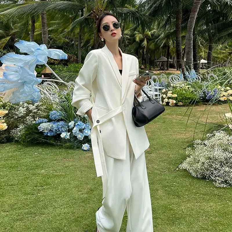 🍒Fashion high end pants suit Professional suit coat and wide leg pants white two piece set women outfits Pick Up This Big Up