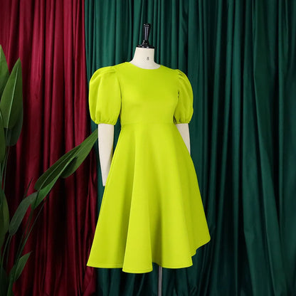 🍒Elegant dresses for woman o neck short sleeve outfit for birthday party high waisted pleated puff sleeves female fashion wear occasion wear evening party wear mid calf luxury B'day Bopper Beauty Babe