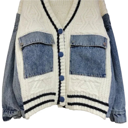 🍒Patchwork knit cardigan loose v-neck long sleeve sweater for women spring/summer female denim fashion with pockets Don’t Delay Denim Dellivers