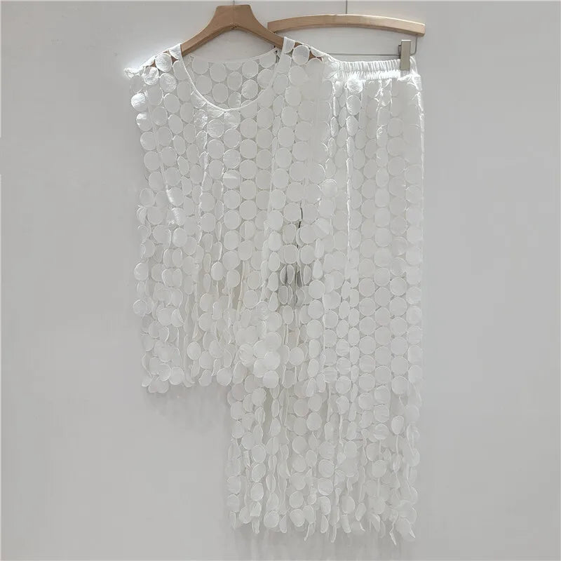 🍒Summer two-pieces set loose  lace vest and high waist elastic skirt smart casual women female occasion wear party outfit Get A Lot Dot