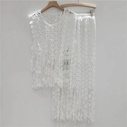 🍒Summer two-pieces set loose  lace vest and high waist elastic skirt smart casual women female occasion wear party outfit Get A Lot Dot
