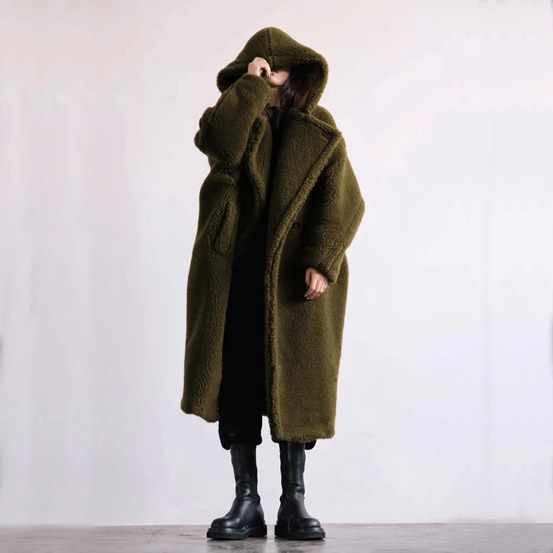 🍒Womens faux fur coat hooded midi lapel collar coat turn down collar coat colourful outerwear fashion open stitch elegant Warm thick autumn winter wear Feel Like A Bear In A Teddy