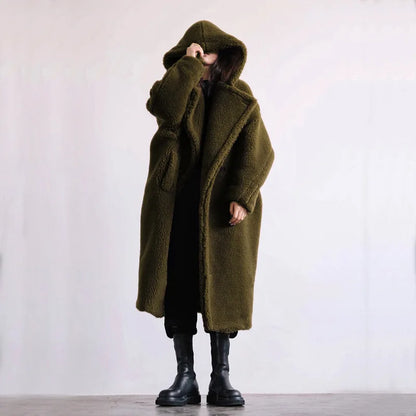 🍒Womens faux fur coat hooded midi lapel collar coat turn down collar coat colourful outerwear fashion open stitch elegant Warm thick autumn winter wear Feel Like A Bear In A Teddy