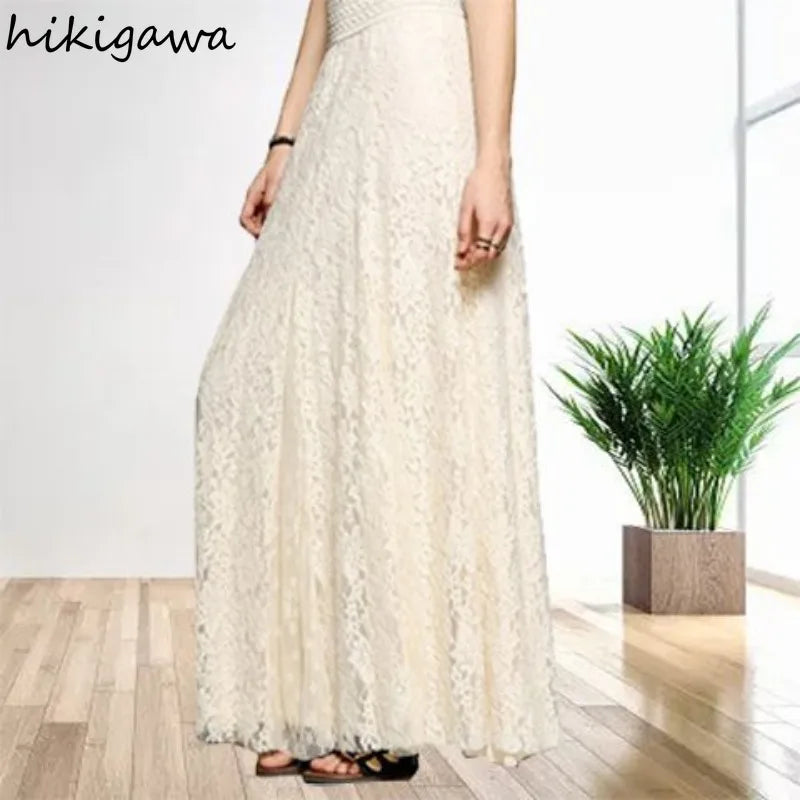 🍒Lace crochet skirts women clothes high waist solid colour skirt hollow out a-line long Skirt smart casual clothes maxi fashion skirt Maxi-mum Impact No Effort