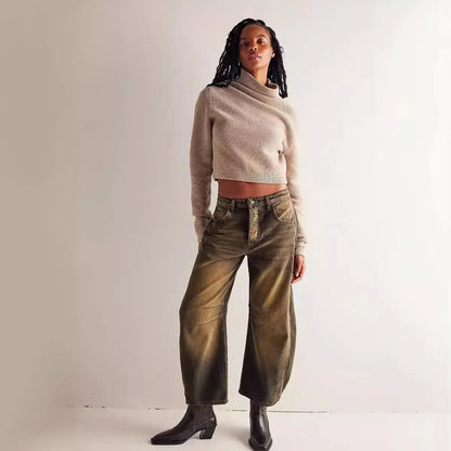 🍒Loose mid waist Jeans bleached denim style full length pants fashion solid colour trousers with pockets casual wear for women Barrels Of Style