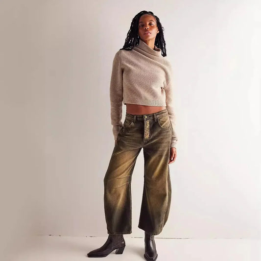 🍒Loose mid waist Jeans bleached denim style full length pants fashion solid colour trousers with pockets casual wear for women Barrels Of Style