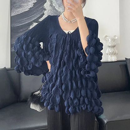 🍒Bubble sleeve pleated top with wrinkle tie strings top v neck design solid colour loose t-shirt smart casual clothes Bump Up Your Fashion