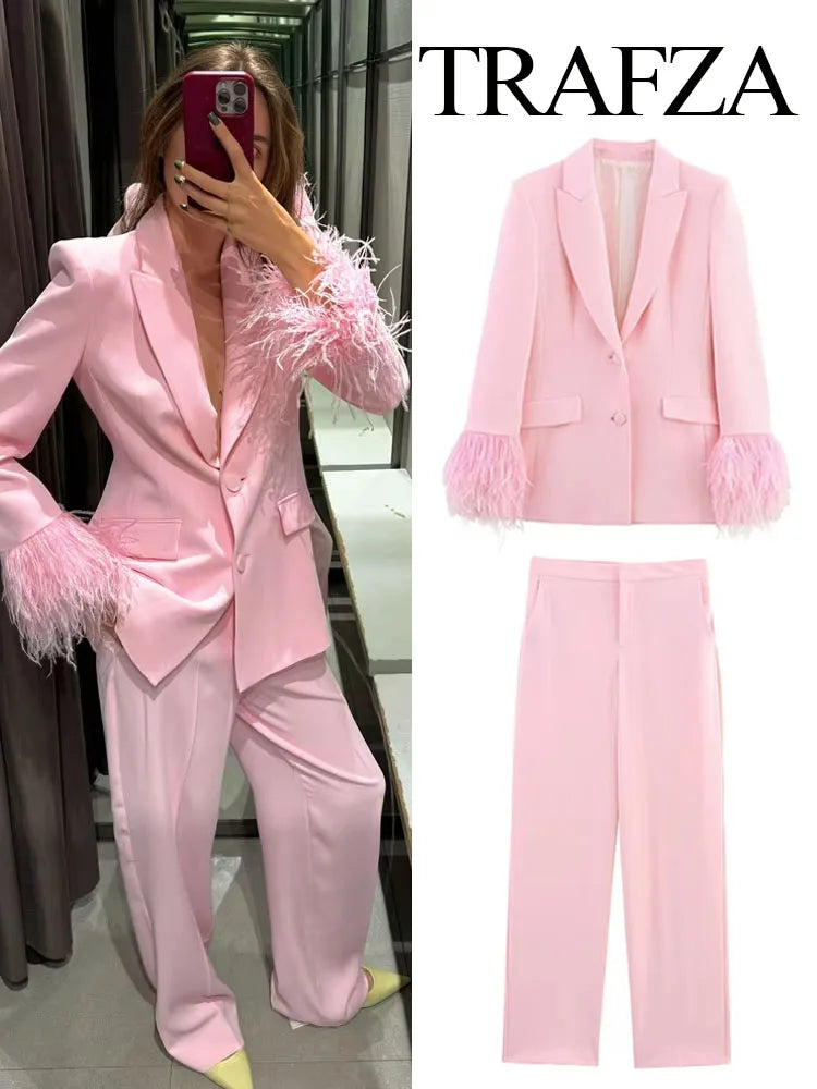 🍒Women's pink blazer sets lapel  collar long sleeve coat jacket single-breasted and chic pocket zip pants high waist party occasion wear Floss In Candy
