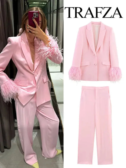 🍒Women's pink blazer sets lapel  collar long sleeve coat jacket single-breasted and chic pocket zip pants high waist party occasion wear Floss In Candy