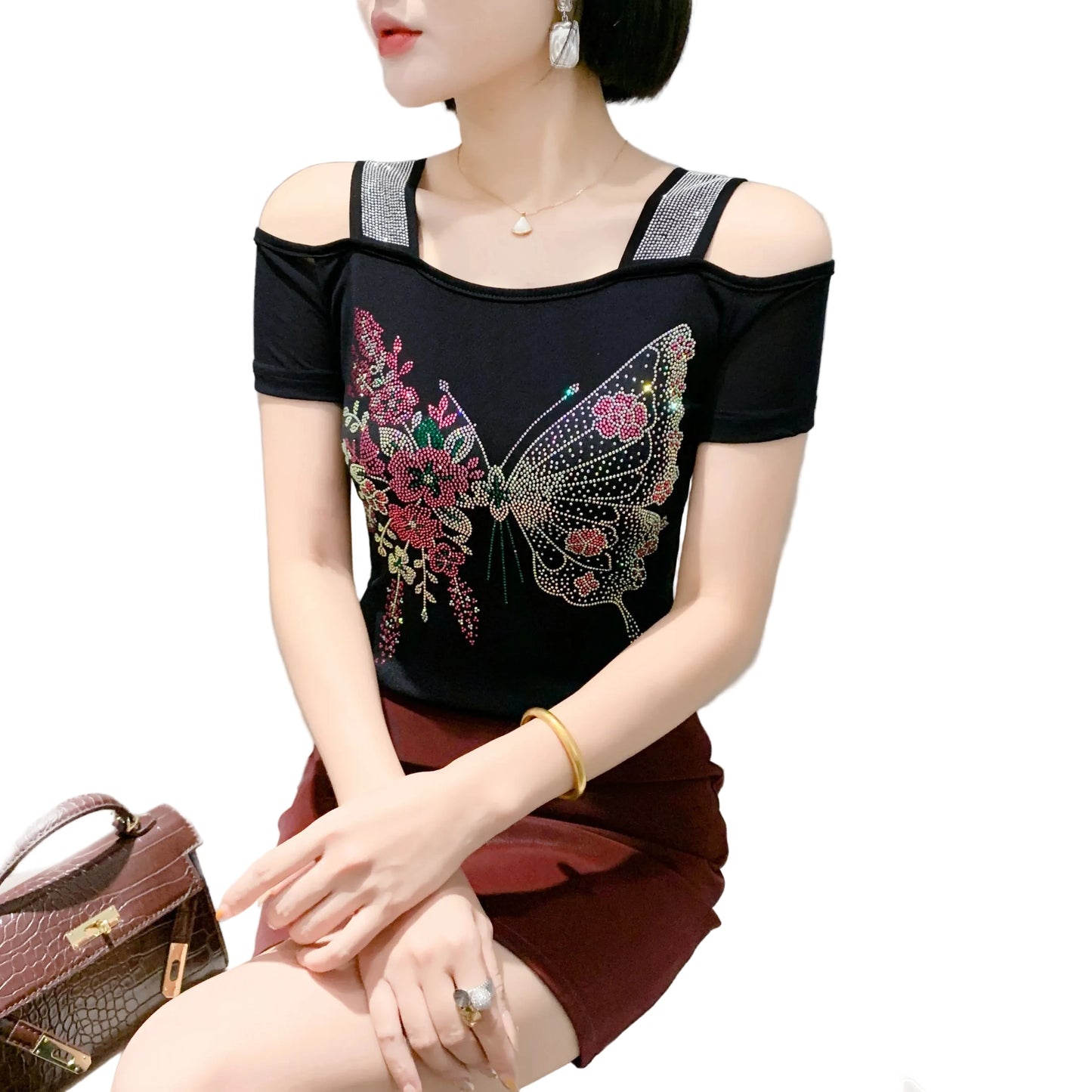 🍒Streetwear chic Heart Shaped top diamond t-shirt off shoulder black tee women summer short sleeve mesh tops SEQ And w 'UIN This Heart