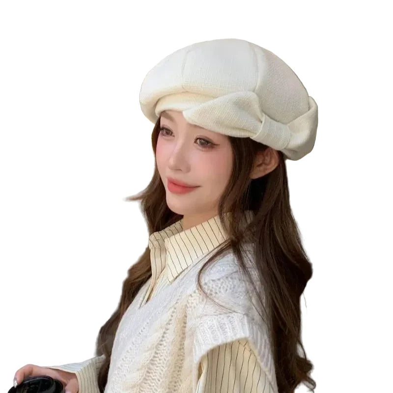 🍒Painter hat versatile octagonal hat niche warm fashionable head wear for women vintage designer beret bow detail soft fit smart casual accessorie for women Bop On A Bow And Bold The Cold