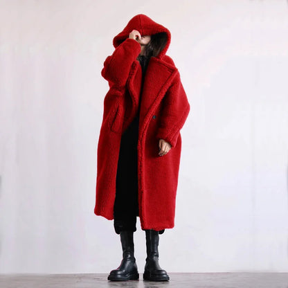 🍒Womens faux fur coat hooded midi lapel collar coat turn down collar coat colourful outerwear fashion open stitch elegant Warm thick autumn winter wear Feel Like A Bear In A Teddy