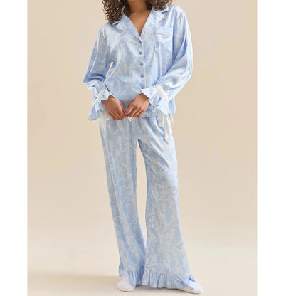🍒Women's printed pyjama set autumn winter pjs fashion sleepwear ruffle and applique design comfort lapel collar shirt and flared trousers nightwear set Put Some FLARE In Your NIGHTWEAR