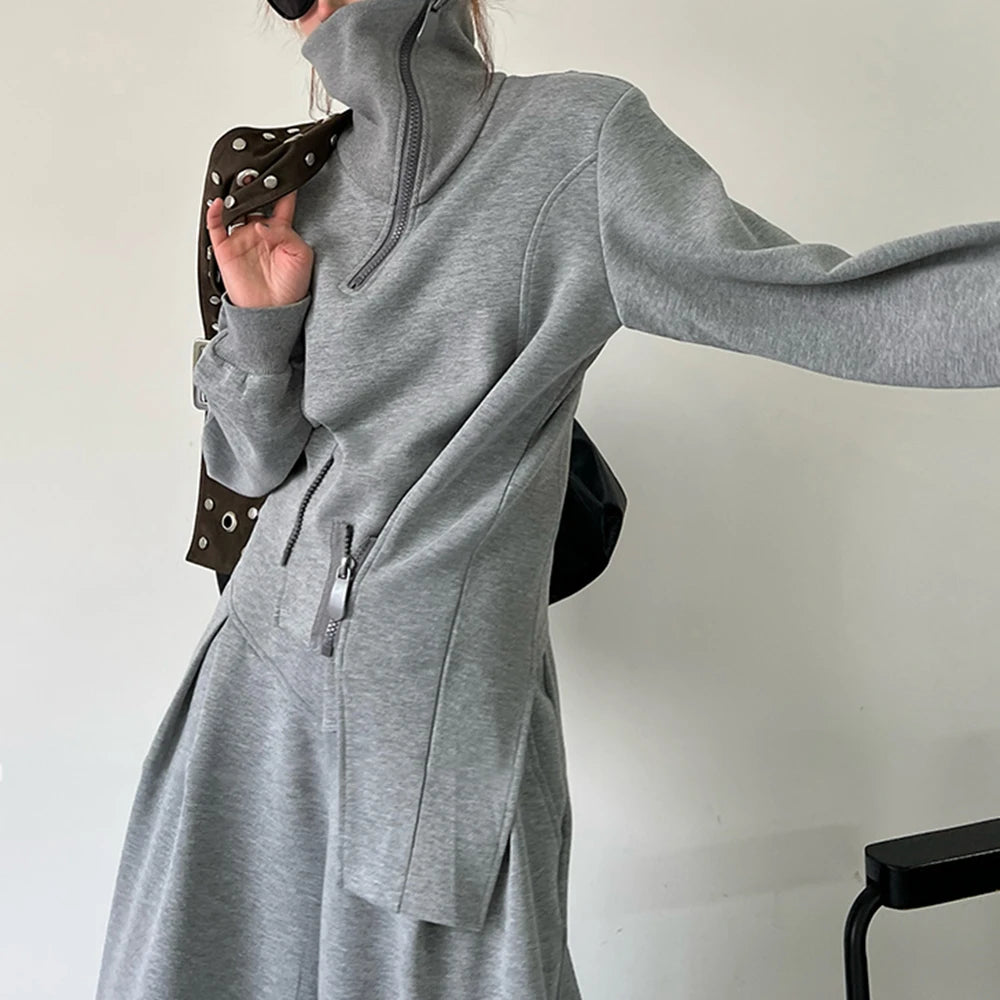 🍒 Solid two piece set smart casual clothing for women cool chic high neck jacket long sleeve zipper top and high waist wide leg pants set female fashion wears Fun Fashion flares