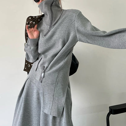 🍒 Solid two piece set smart casual clothing for women cool chic high neck jacket long sleeve zipper top and high waist wide leg pants set female fashion wears Fun Fashion flares