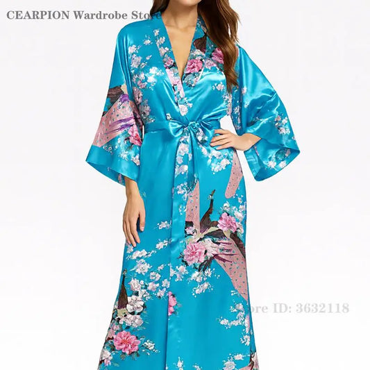 🍒Satin robe women plus size  with flowers peacock print kimono lounge gowns for women bride bridesmaid wedding bathrobe silky nighrwear Sittin' Satin Style