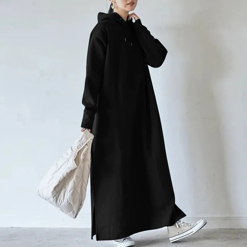 🍒Maxi hoodie dress loose autumn long dress sweatshirt spring female tie collar baggy casual outfits straight dresses JYFS-2175 Maximum Comfort