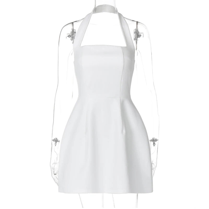 🍒Elegant white short dress backless design halter a-line mini summer party outfits for occasions clothes for women       A' Beautiful Dress