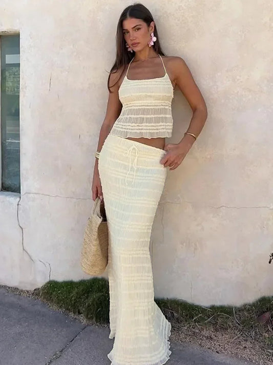 🍒Chiffon two piece set womens summer fashion halter crop top and maxi skirt fashion clothing beach party wear holiday wear smart casual clothes Delicately Delightful