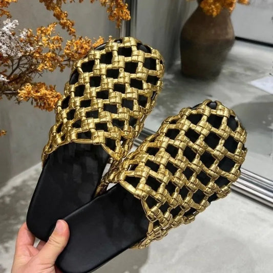 🍒Women's flying woven mesh sandals breathable flat shoes for women summer round toe sliders shallow mouth soft sole slippers for women anti-slip fabric Wear-resistant footwear Will Be Golden Oldies