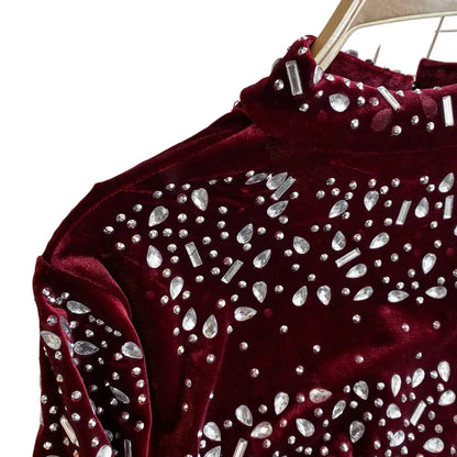 🍒Bodycon o-neck long sleeve dress glitter rhinestone outfit velvet chic vintage style clothing chic autumn fall fashion party occasion wear Get Wine Stoned