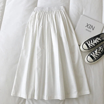 🍒Pleated knee length skirt with pockets womens white long skirt simple fashion summer wear smart casual clothing everday essensial wear every day wear elegant high waist a-line female skirt outfit Simply Easy