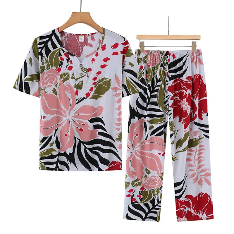 🍒Cotton rayon pajama set short sleeved top cropped and pants set two piece sleep wear for women lounge wear suit holiday clothing beach wear No Care Wear