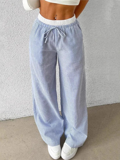 🍒Womens striped trousers Summer fashion streetwear straight casual trousers with elasticated waist versatile slim pants high waist long pants Secure Your Summer StripeyStripe