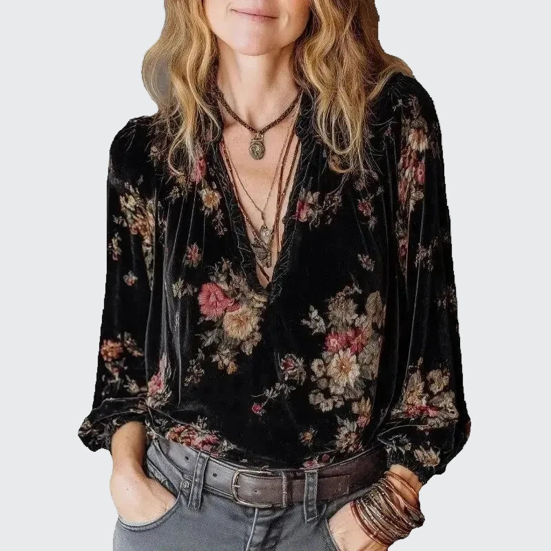 🍒Velvet printed top retro pullover top women's vintage blouse v-neck black long sleeved shirt women gold vacation clothing  Pick This Soft Velvet Rose