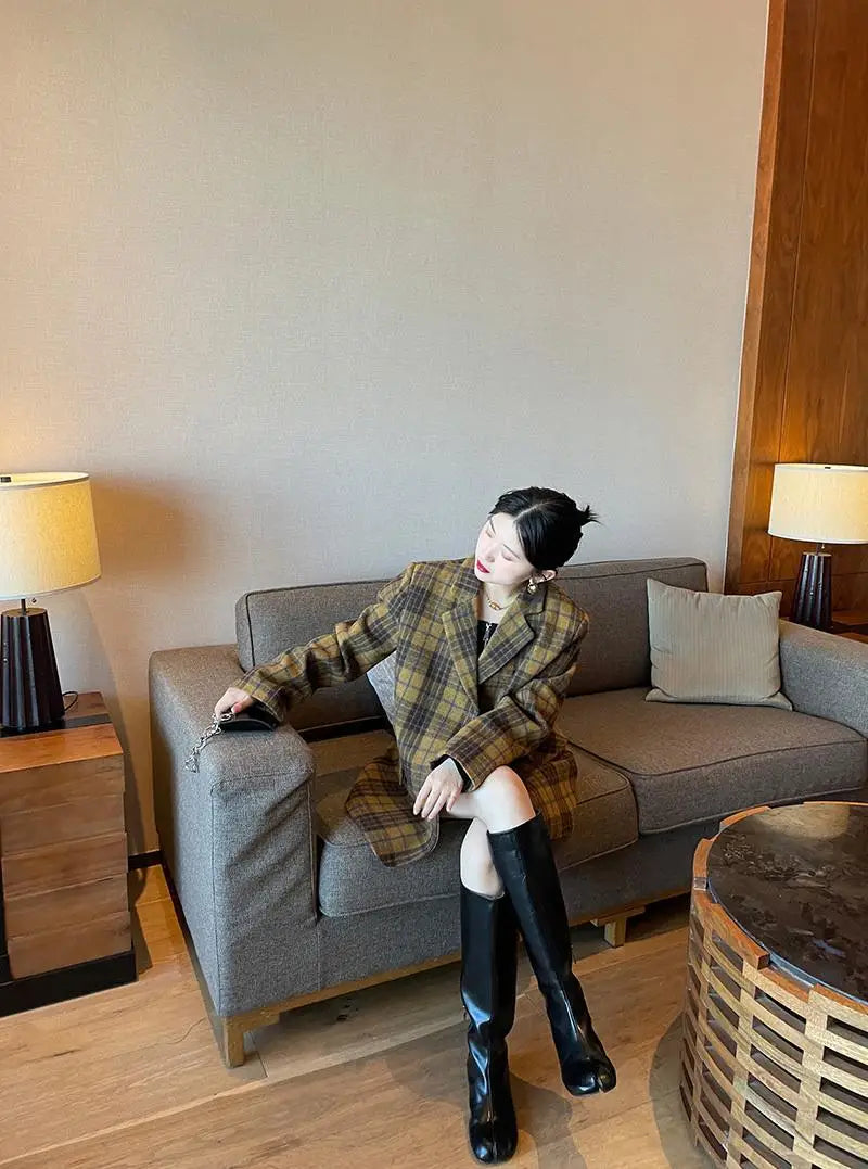 🍒Womens brown blazer vintage wool plaid Jacket autumn winter british style trendy eye catching yellow check coat long sleeve female smart casual clothing Chunky Check Charm