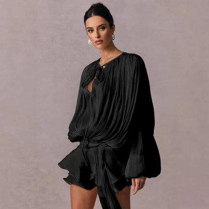 🍒Solid tie neck dress high waist outfit for women long sleeve shiny ruffle mini dress black party club wear occasion clothing Rush To Ruffles