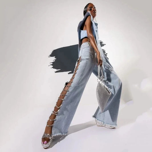 🍒Side split loose Jeans crystal chain wide leg baggy denim jeans high waist hollow out summer pants women denim trousers y2k steetwear clubwear Diamond Denims