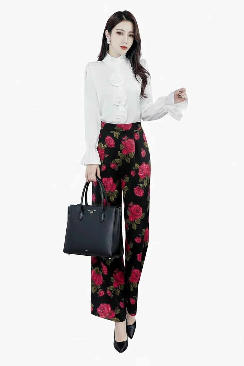 🍒Hot pink shirt high neck women flare cuff long sleeve classic fashion 3D flower blouse design feminine Clothing occasion party wear fashion Look HOT And ROSEy In PINK