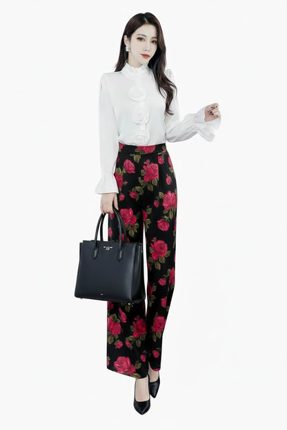 🍒Hot pink shirt high neck women flare cuff long sleeve classic fashion 3D flower blouse design feminine Clothing occasion party wear fashion Look HOT And ROSEy In PINK