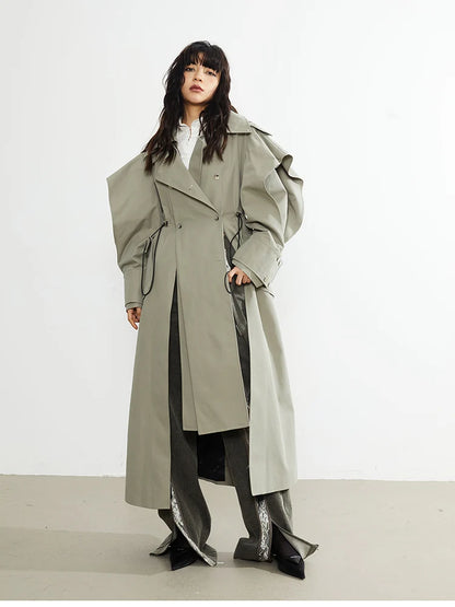 🍒Long oversized trench coat elegant ruffled outerwear for women double breasted luxury designer overcoat runway fashion  Trendy Travel Trench Classic Comfort