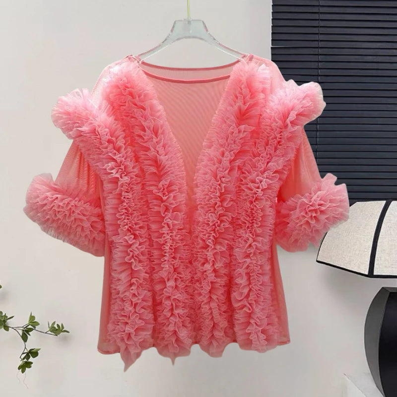 🍒 Mesh ruffle blouse solid color spring summer shirts women elegant fancy occasion tops sweet party fashion vintage clothing v- neck Fluff up In A Ruffy Fluffy